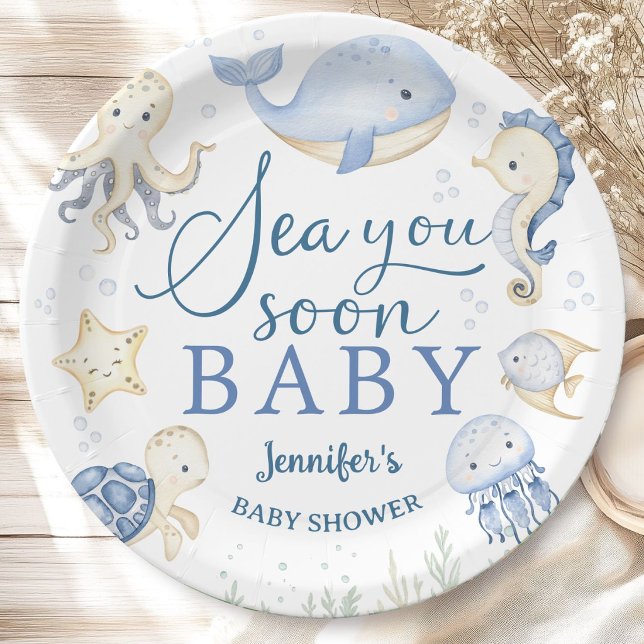 Sea You Soon Baby Shower Boy Blue Ocean Paper Plates (Creator Uploaded)