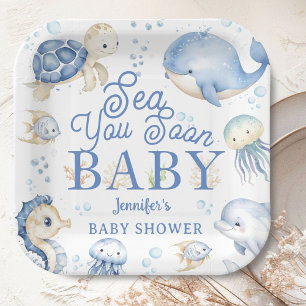 Sea You Soon Baby Shower Boy Blue Ocean Paper Plates