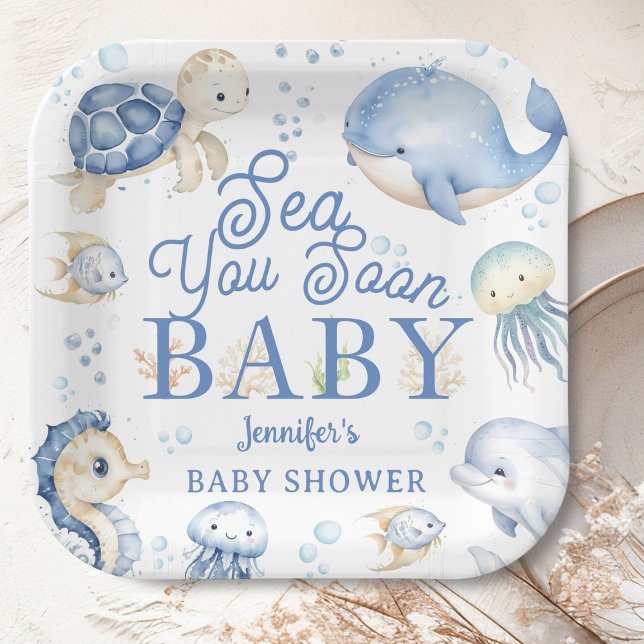 Sea You Soon Baby Shower Boy Blue Ocean Paper Plates (Creator Uploaded)