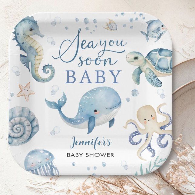Sea You Soon Baby Shower Boy Blue Ocean Paper Plates (Creator Uploaded)