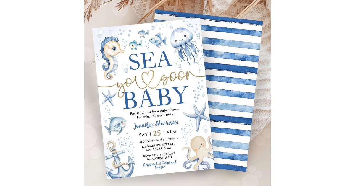 Sea You Soon Baby Shower Boy Navy Blue Ocean Invitation | Zazzle