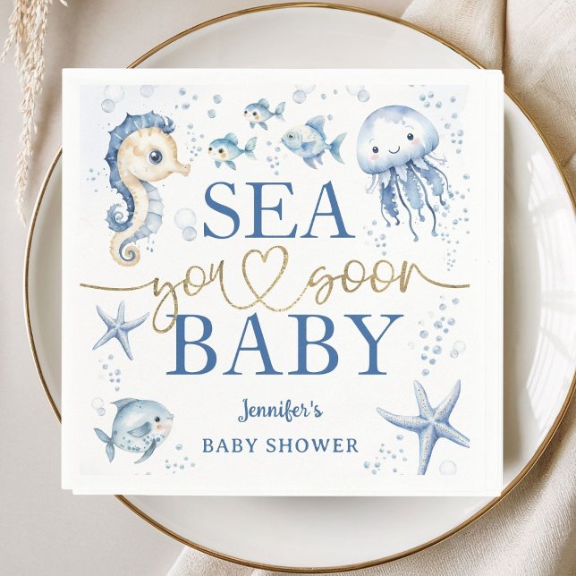 Sea You Soon Baby Shower Boy Navy Blue Ocean Paper Napkins (Creator Uploaded)