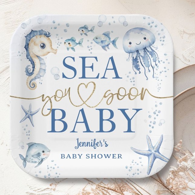 Sea You Soon Baby Shower Boy Navy Blue Ocean Paper Plates (Creator Uploaded)