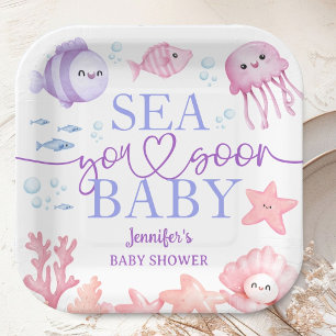 Sea You Soon Baby Shower Girl Pink Ocean Animals Paper Plates