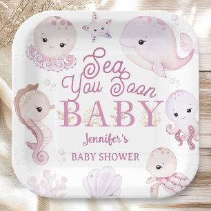 Sea You Soon Baby Shower Girl Pink Ocean Paper Plates