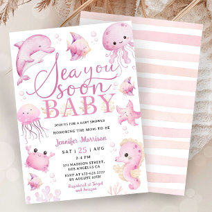 Sea You Soon Baby Shower Pink Ocean Girl  Invitation
