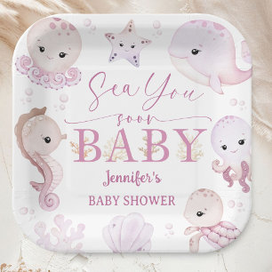 Sea You Soon Baby Shower Pink Ocean Paper Plates