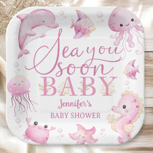 Sea You Soon Baby Shower Pink Ocean Paper Plates