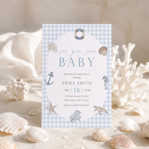 Sea You Soon Blue Gingham Preppy Boy Baby Shower Invitation