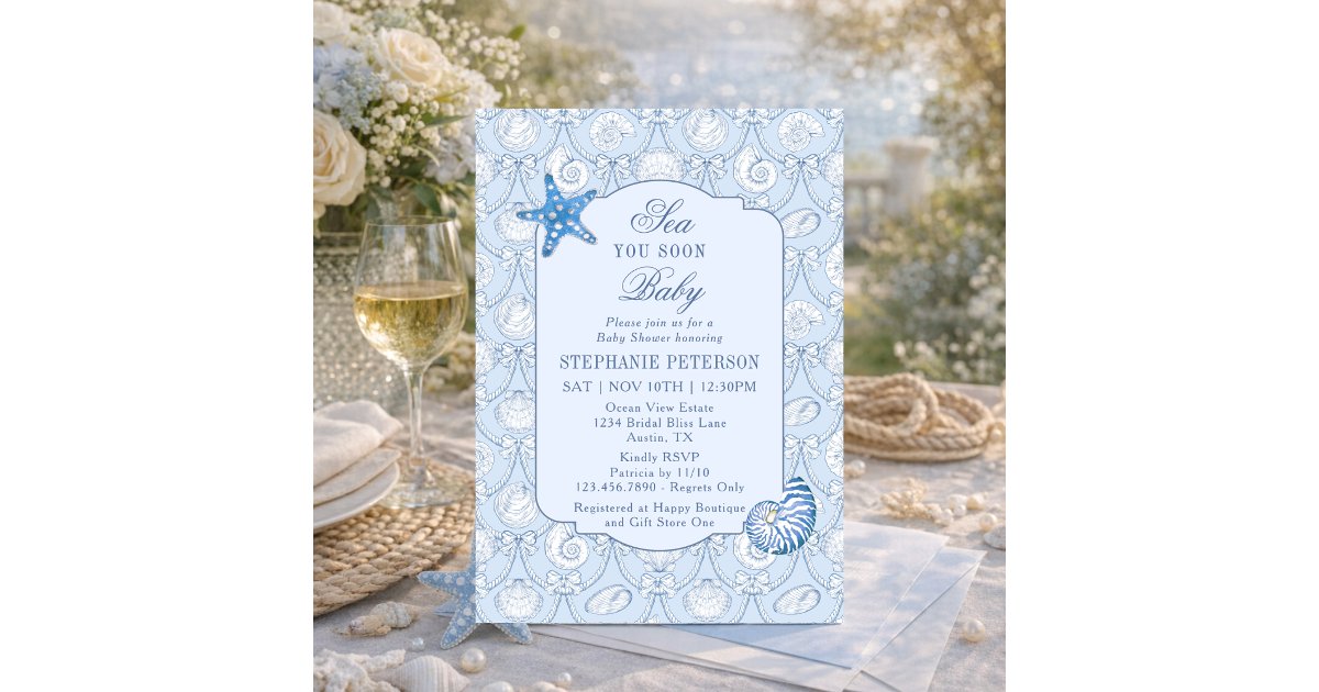 Sea You Soon Blue Nautical Beach Boy Baby Shower Invitation | Zazzle