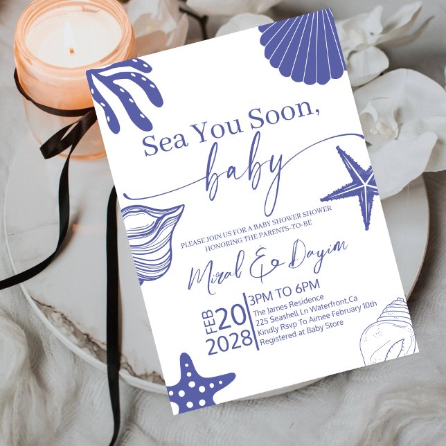 Sea You Soon Blue Scallop Shell Boy Baby Shower  Invitation (Creator Uploaded)