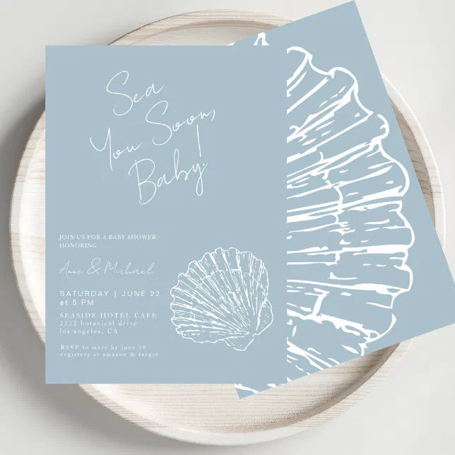Sea You Soon Blue Scallop Shell Boy Baby Shower Invitation | Zazzle