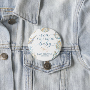 Sea You Soon Blue Seashells Baby Shower Button