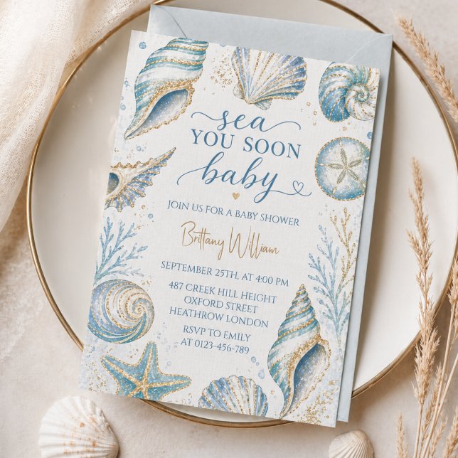 Sea You Soon Blue Seashells Baby Shower Invitation (Creator Uploaded)