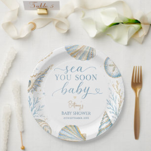 Sea You Soon Blue Seashells Baby Shower Paper Plates