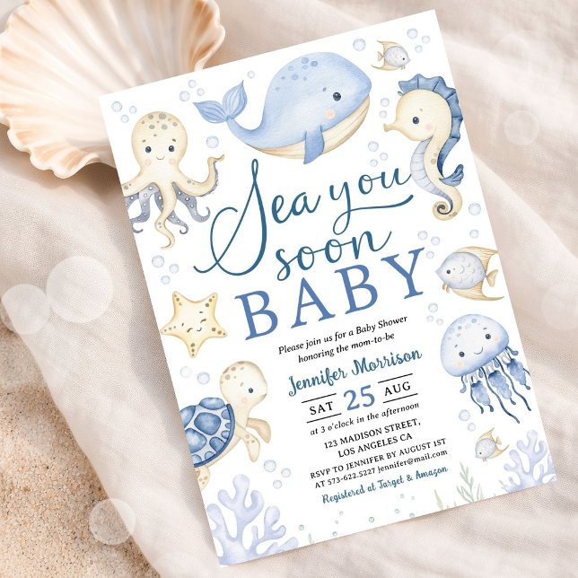 Sea You Soon Boy Baby Shower Blue Ocean Invitation (Creator Uploaded)
