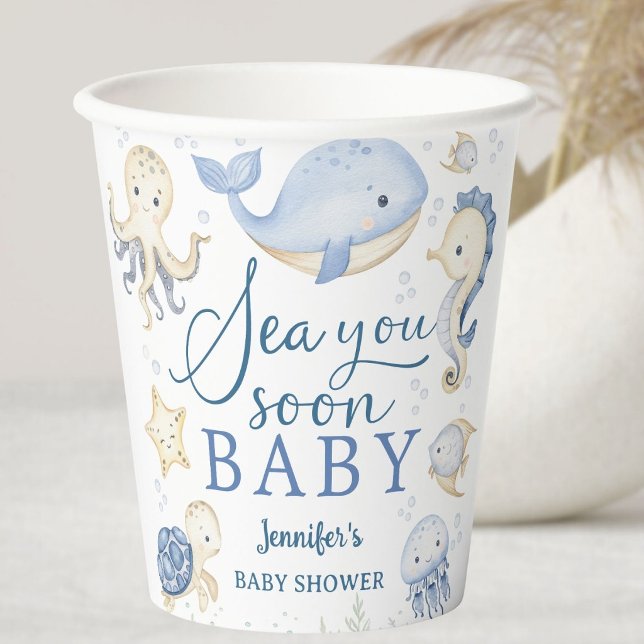 Sea You Soon Boy Baby Shower Blue Ocean  Paper Cups (Creator Uploaded)