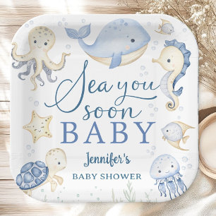 Sea You Soon Boy Baby Shower Blue Ocean Paper Plates