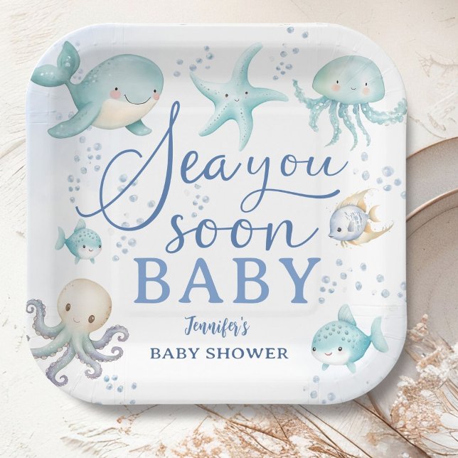 Sea You Soon Boy Blue Ocean Baby Shower Paper Plates (Creator Uploaded)