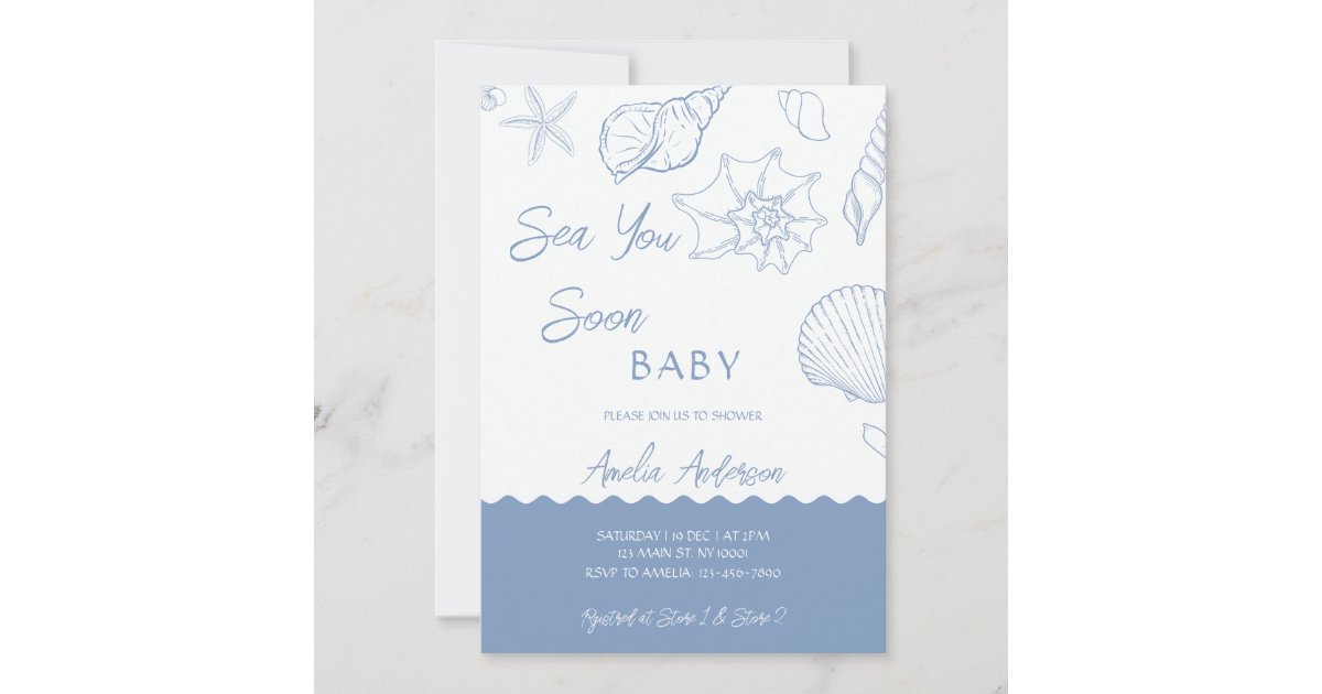 Sea You Soon Coastal Shells Blue Baby Shower Invitation | Zazzle