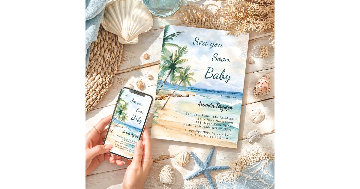 Sea you Soon coastal tropical beach Baby Shower Invitation | Zazzle