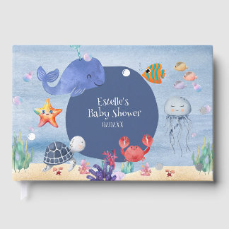 Sea You Soon cute boy blue watercolor sea creatur Foil Guest Book