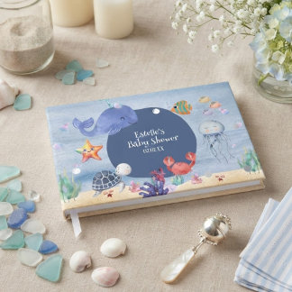 ​Sea You Soon cute boy blue watercolor sea creatur Foil Guest Book