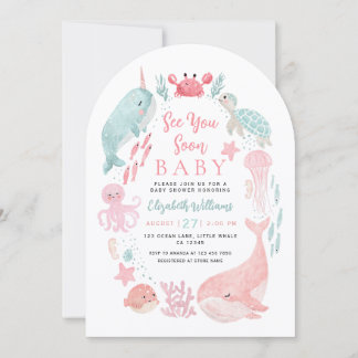 Sea You Soon Cute Ocean Animals Girl Baby Shower  Invitation