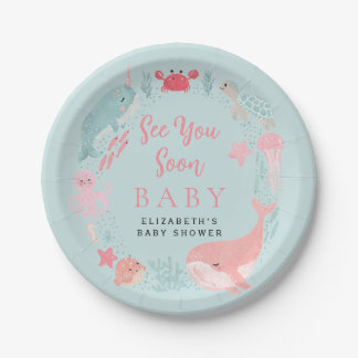 Sea You Soon Cute Ocean Animals Girl Baby Shower Paper Plates