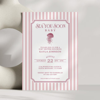 Sea You Soon Girl Preppy Pink Stripes Baby Shower Invitation