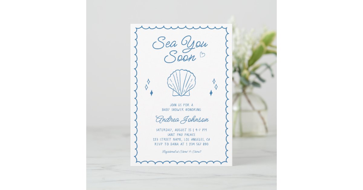 Sea You Soon Hand Drawn Ocean Seashell Baby Shower Invitation | Zazzle