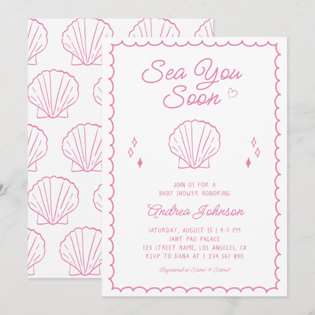 Sea You Soon Hand Drawn Ocean Seashell Baby Shower Invitation (Front/Back)