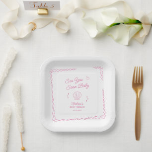 Sea You Soon Hand Drawn Ocean Seashell Baby Shower Paper Plates