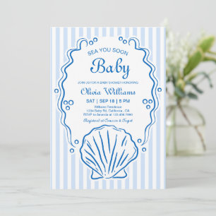 Sea You Soon, Hand Drawn Seashell Boy Baby Shower Invitation