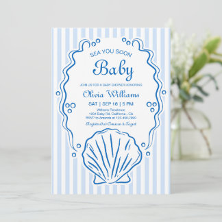 Sea You Soon, Hand Drawn Seashell Boy Baby Shower Invitation