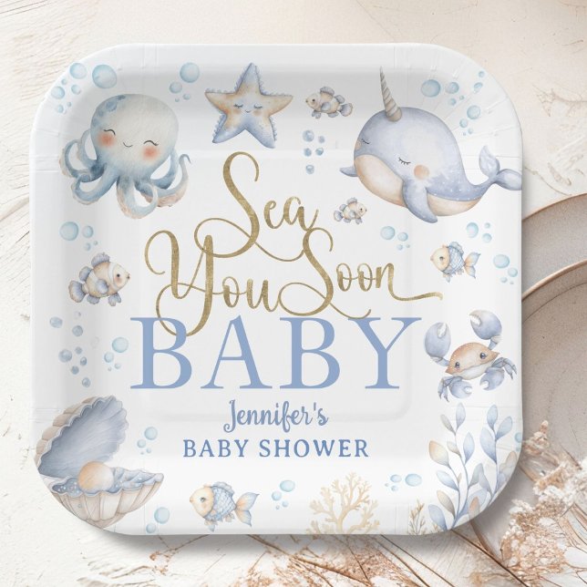 Sea You Soon Ocean Baby Shower Boy Blue  Paper Plates (Creator Uploaded)