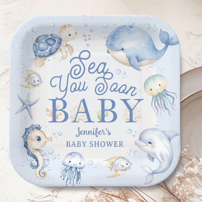 Sea You Soon Ocean Baby Shower Boy Blue  Paper Plates (Creator Uploaded)