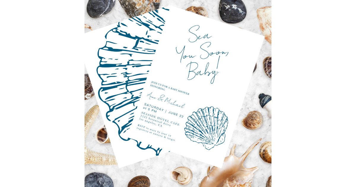 Sea You Soon Ocean Blue Scallop Baby Boy Shower Invitation | Zazzle