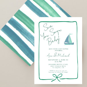 Sea You Soon Ocean Green Boat Boy Baby Shower Invitation