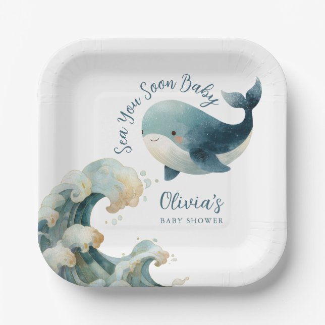 Sea You Soon Ocean Whale Teal White Baby Shower Paper Plates (Front)