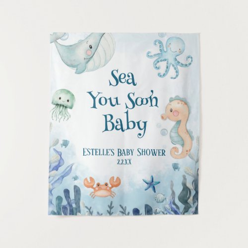 Sea You Soon Octopus Seahorse Starfish Baby Shower Tapestry