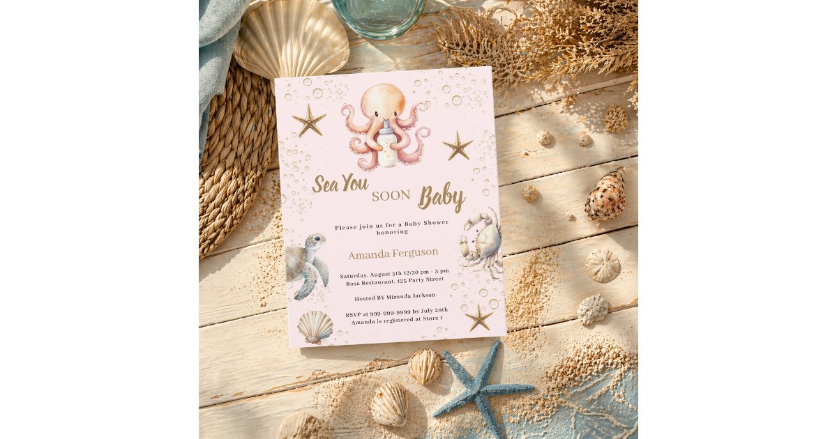 Sea You Soon pink girl Baby Shower invitation | Zazzle