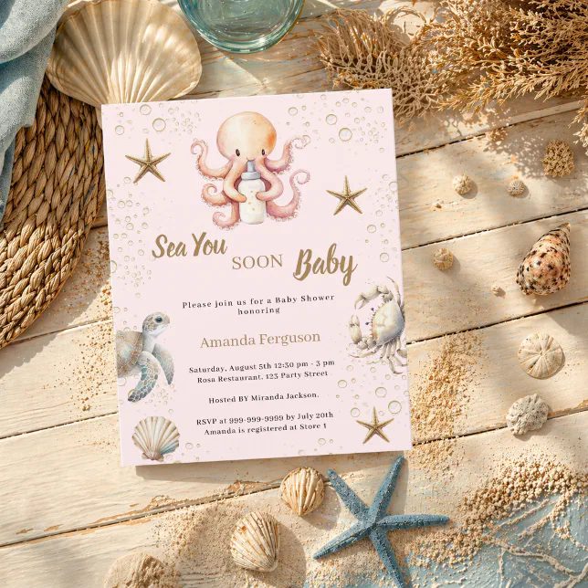 Sea You Soon pink girl Baby Shower invitation | Zazzle
