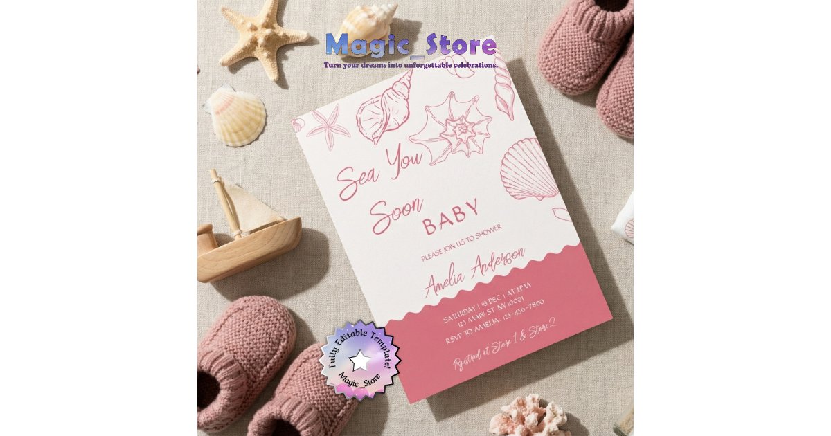 Sea You Soon Pink Seashells Coastal Baby Shower Invitation | Zazzle