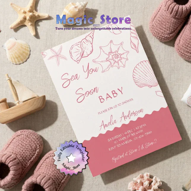Sea You Soon Pink Seashells Coastal Baby Shower Invitation | Zazzle