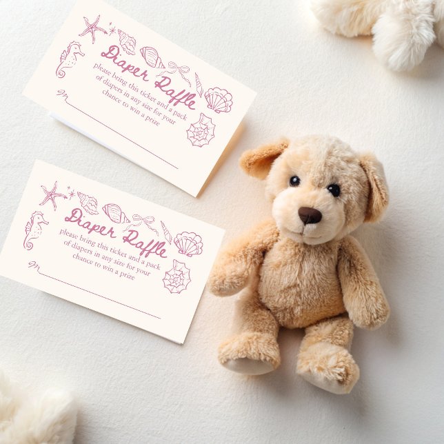 Sea you soon seashells baby shower diaper raffle enclosure card (Sea you soon pink seashells baby shower diaper raffle cards hand drawn seashell raffle tickets)