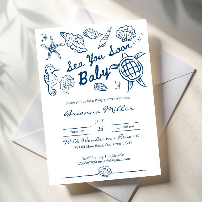 Sea you soon seashells beach boy baby shower invitation (Sea you soon seashells beach blue boy baby shower invitation cards template sea turtle hand drawn)