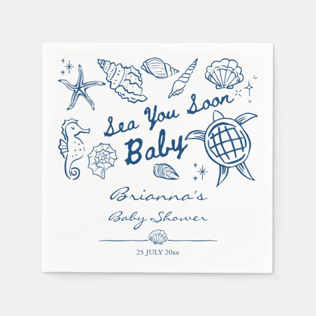 Sea you soon seashells beach boy baby shower napkins (Front)
