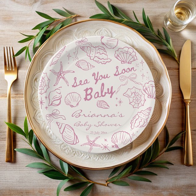 Sea you soon seashells beach girls baby shower paper plates (Sea you soon pink seashells beach seaside girls baby shower personalized paper plates)