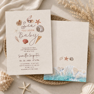 Sea you soon seashells sand baby shower invitation